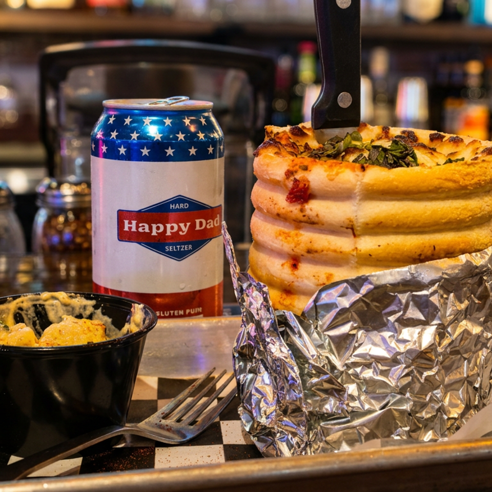 A deep-dish pizza cone with a knife, a side of mac and cheese, and a Happy Dad seltzer.