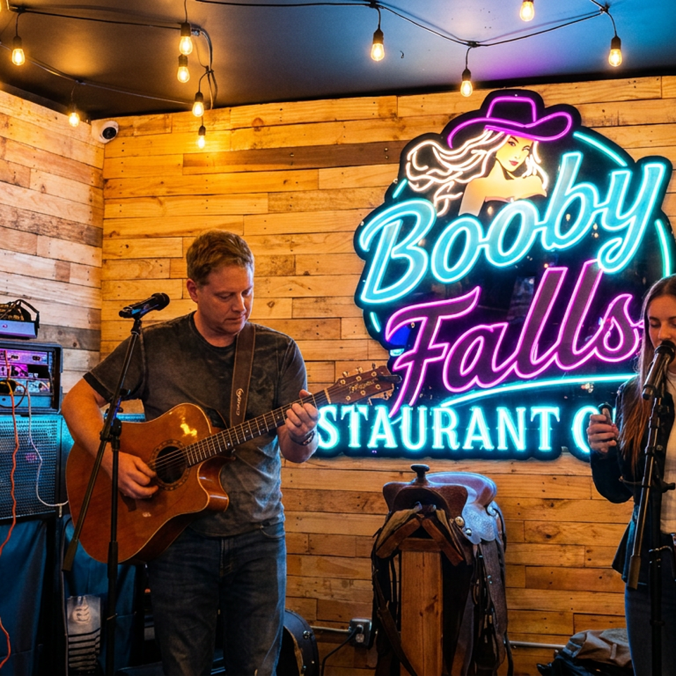 A man playing guitar and a woman singing on stage in front of a neon restaurant sign.